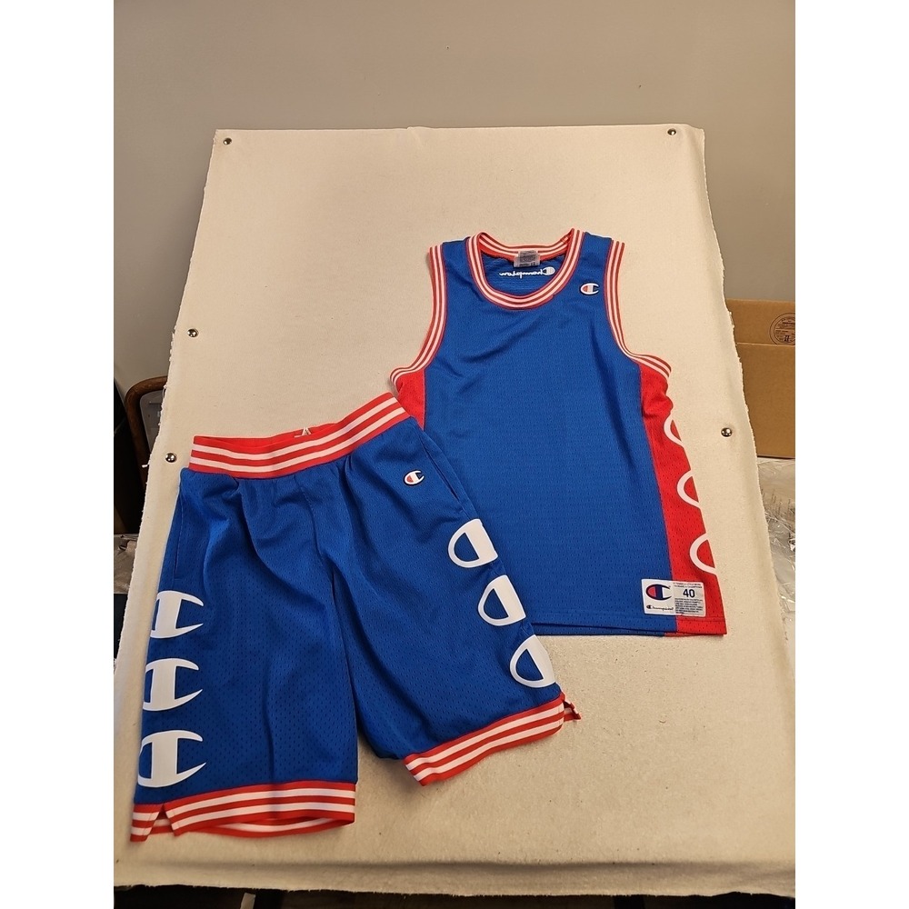 Champion Mens Blue Red‎ Mesh Basketball Jersey and Shorts Set Size Medium 40